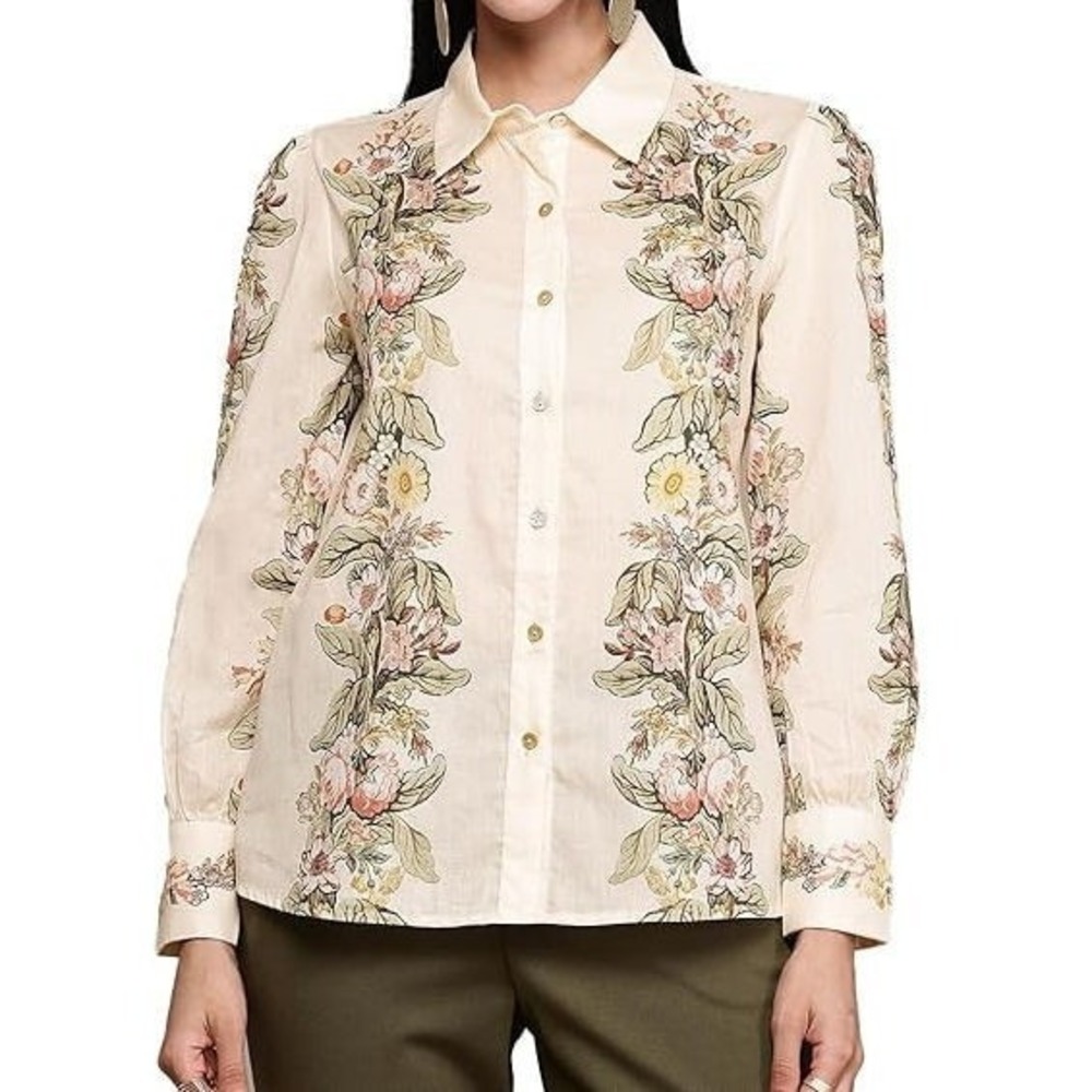Label Ritu Kumar Women's Bryony Floral Long Sleeve Button-up Blouse - Ecru - XL